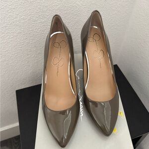 Jessica Simpson Taupe Patent Pointed Toe Pumps